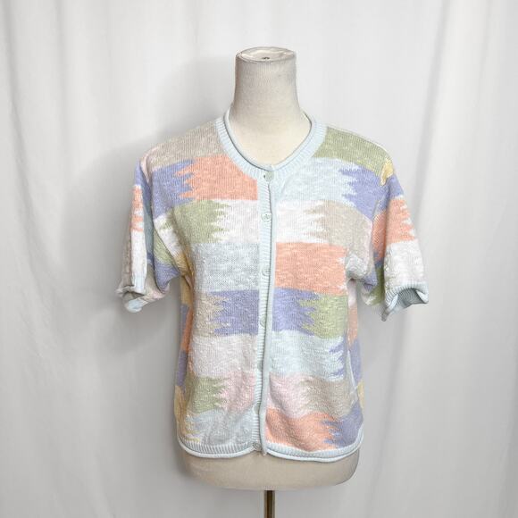Christopher & Banks Vintage Pastel Patchwork Sweater Short Sleeve Button Up Knit - Picture 2 of 9